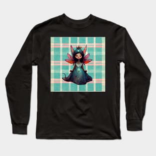 Sweet little fairy princess with wings against a plaid background. Long Sleeve T-Shirt